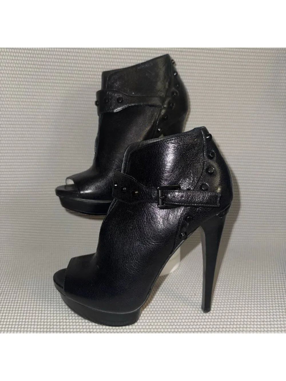 Michael Kors Ailee Black Leather Peep-toe Stiletto Ankle Boots Heels Size 5.5M